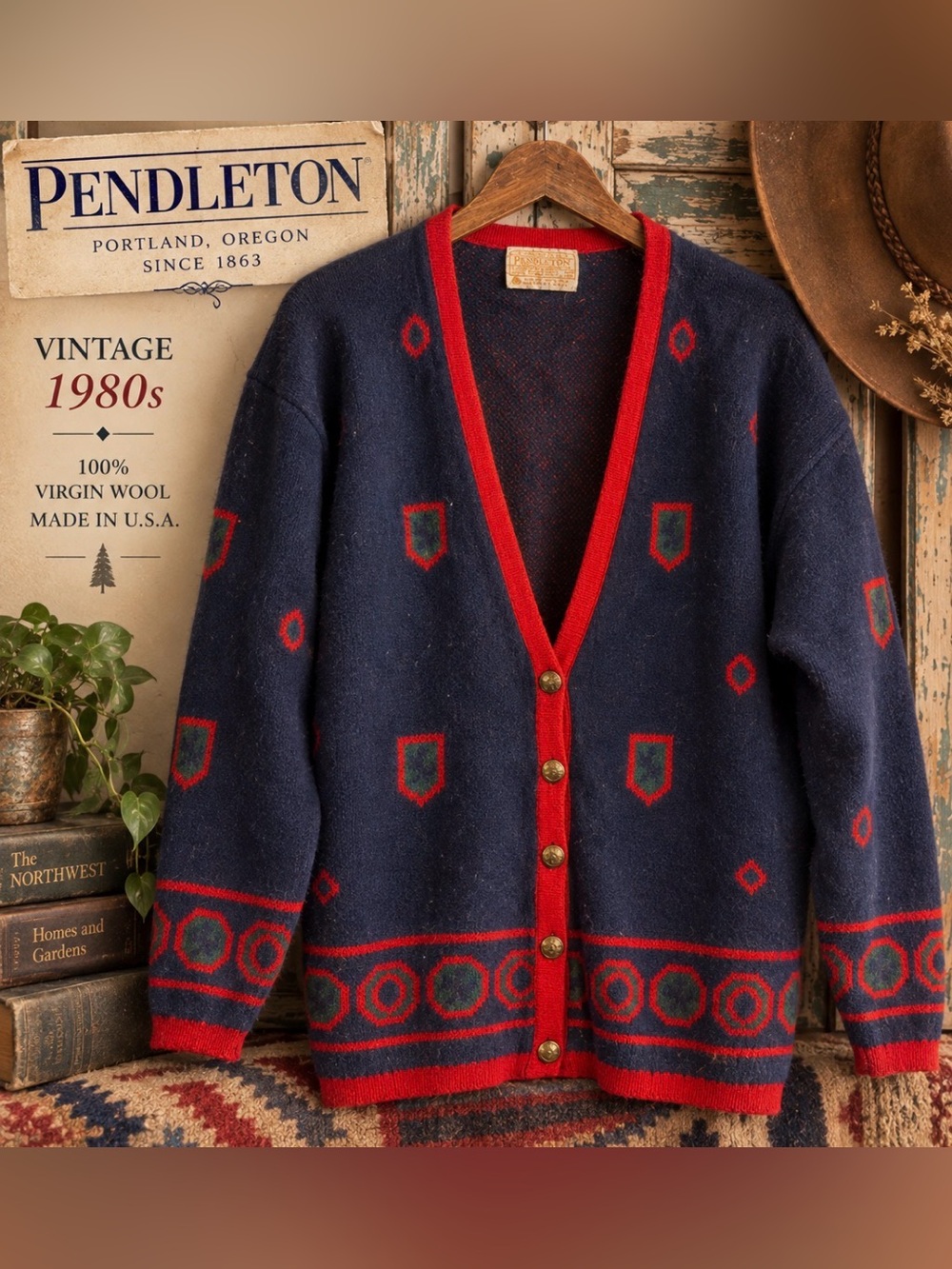 Pendleton - vintage 80s- Navy Cardigan with Red Trim and Shield Motifs